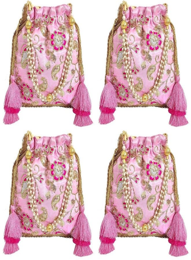 حقيبة بوتلي نسائية من دوقة، مزينة بنقوش زهرية وردية اللون مع شرابة (عبوة من 4 قطع)